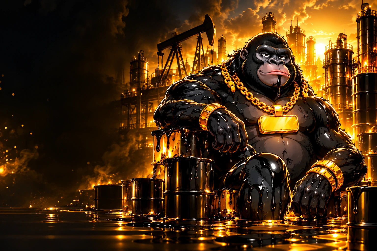 Oilke, a glossy black gorilla wearing gold chains in a cinematic oil refinery scene